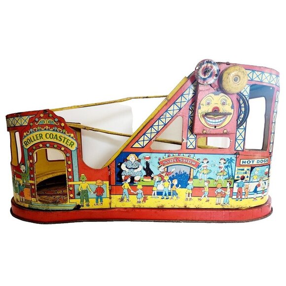 1940-50s J. Chein Tin Litho Wind Up Rollercoaster Toy Antique Circus INVRM - Picture 1 of 10